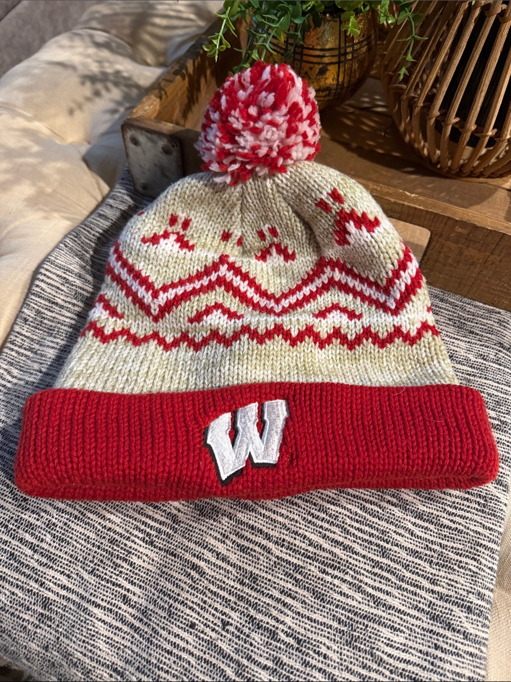 Wisconsin Badgers Adidas Red and Cream Pom Beanie with 'W' Patch